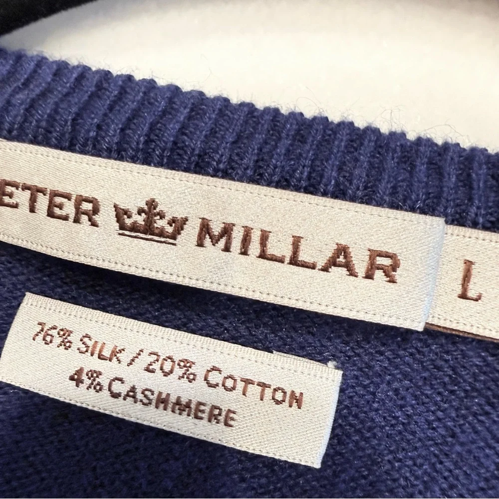 Peter Millar Men’s Silk, Cotton & Cashmere V-Neck Blue Sweater Sz L Excellent